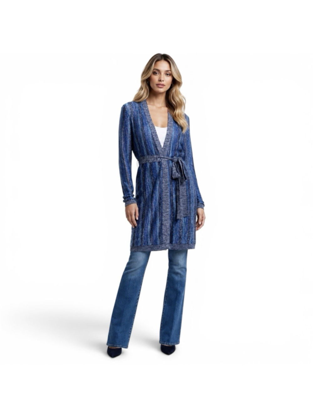 L’Agence Berkeley Metallic Stripe Wrap Cardigan Blue Silver Tie Waist Duster XS